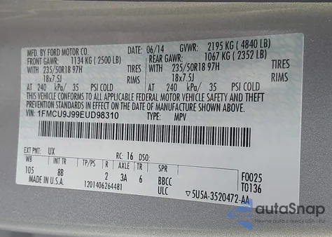 2014 Ford Escape Titanium z USA, uszkodzony, nr VIN 1FMCU9J99EUD98310